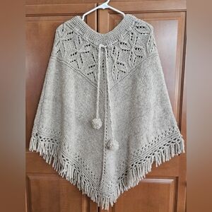 Handmade Intricate Knit Poncho Cape Pom Pom Tassles Fringe Beige Greige Wool
